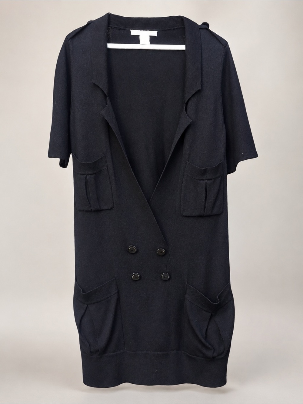 VINTAGE CHARLOTTE RONSON Black S/S Deep V Tuxedo Style Knit Sweater Mini Dress M